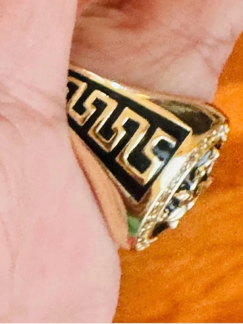 18K Gold Plated Eagle Emblem Ring with Black Enamel and Crystal Halo. Adjustable